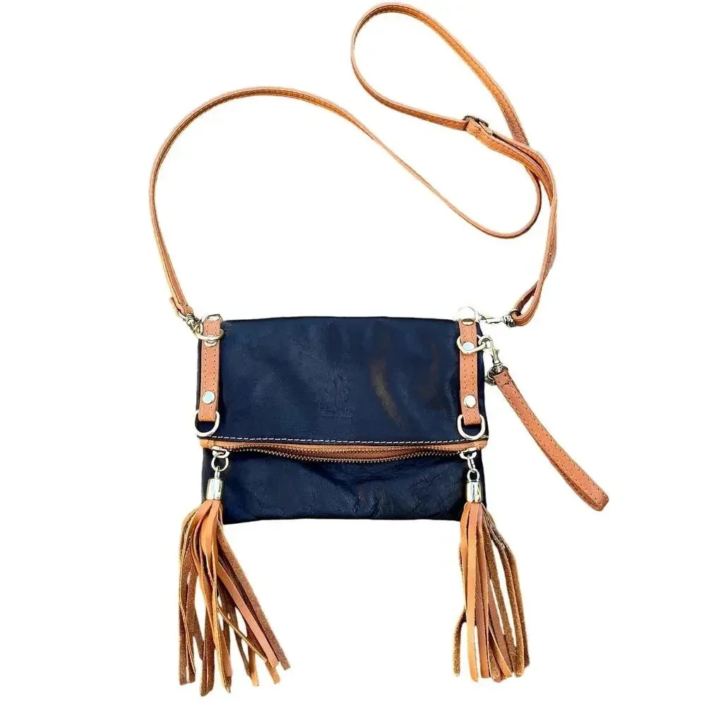 Vera Pelle Italian Leather Black Crossbody Tassel Clutch Bag